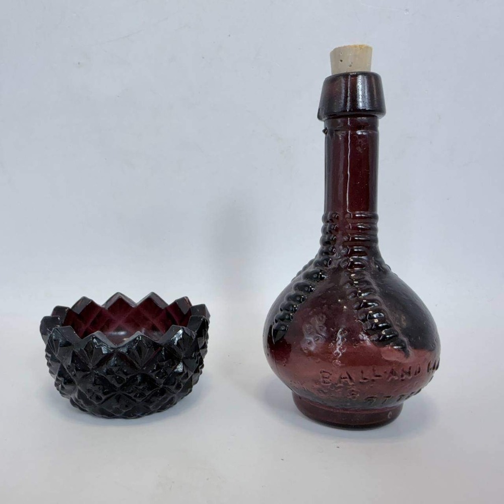 Vintage Purple Glass Ball and Claw Bitters Bottle and Sawtooth Salt Cellar Set